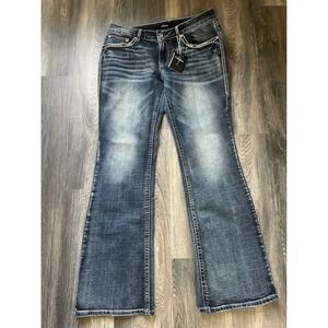 Flamingals Womens Bootcut Jeans Dark Wash Embroidered Rhinestone Size L